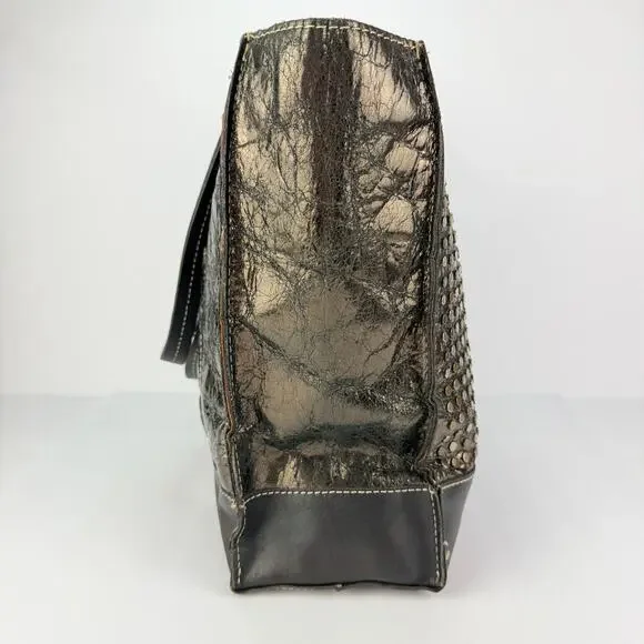 Patricia Nash 2 Tone Silver Bronze Studded Large Black Leather Shoulder tote bag - Picture 6 of 12